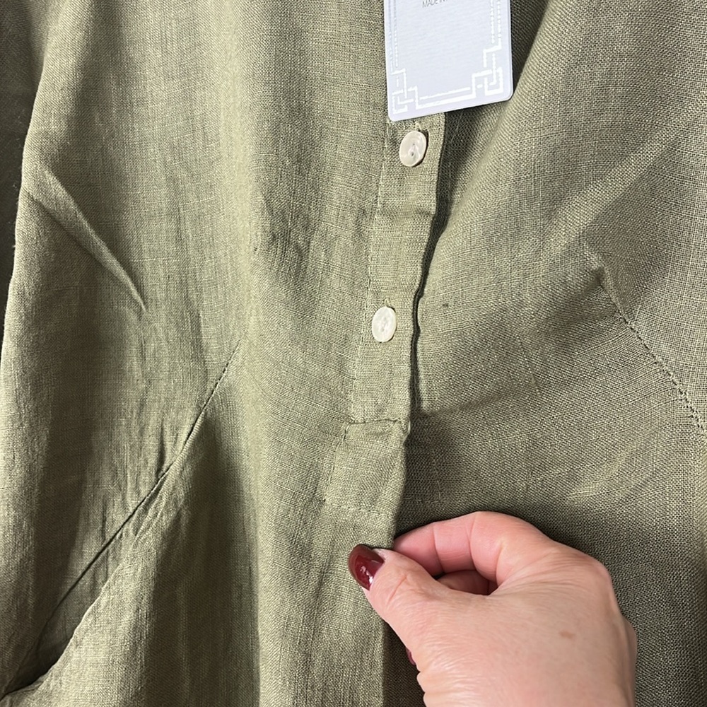 NWT Elena Baldi dress midi linen pockets roll tab sleeves Army Green Sz L - Picture 8 of 10